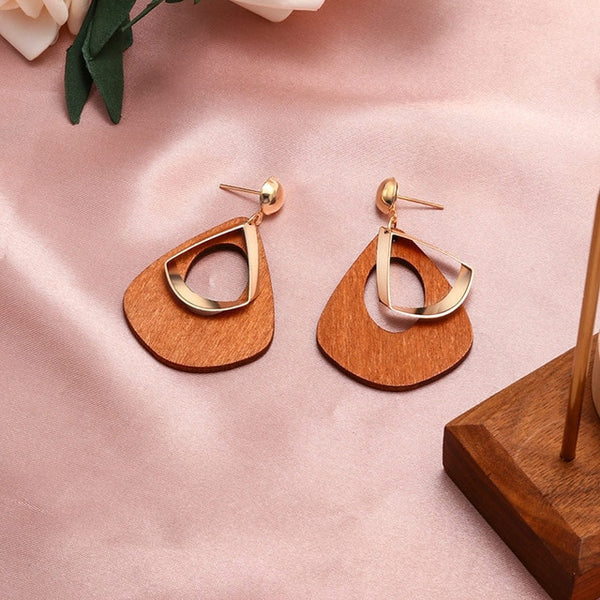 Wood Dangle Gold Earrings